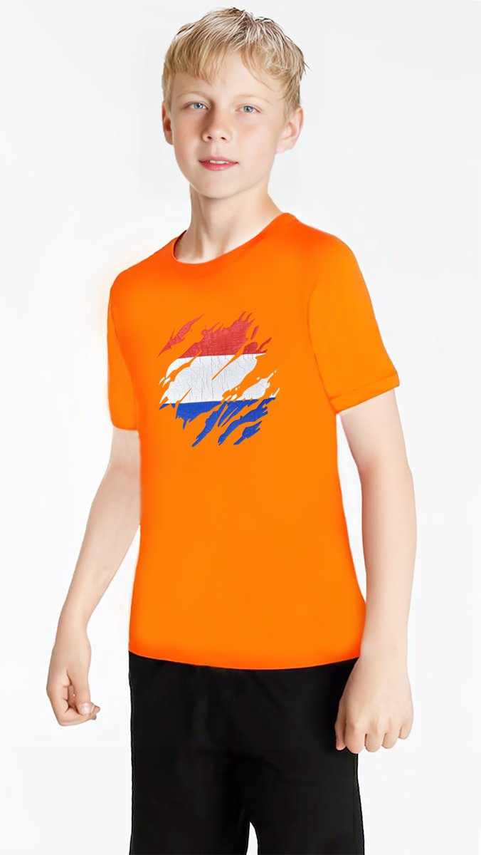 Oranje T-shirt in crack print | | Koningsdag | Holland | EK-WK-Olympische Spelen | Oranje | Kind 10-11 jaar | Maat 146